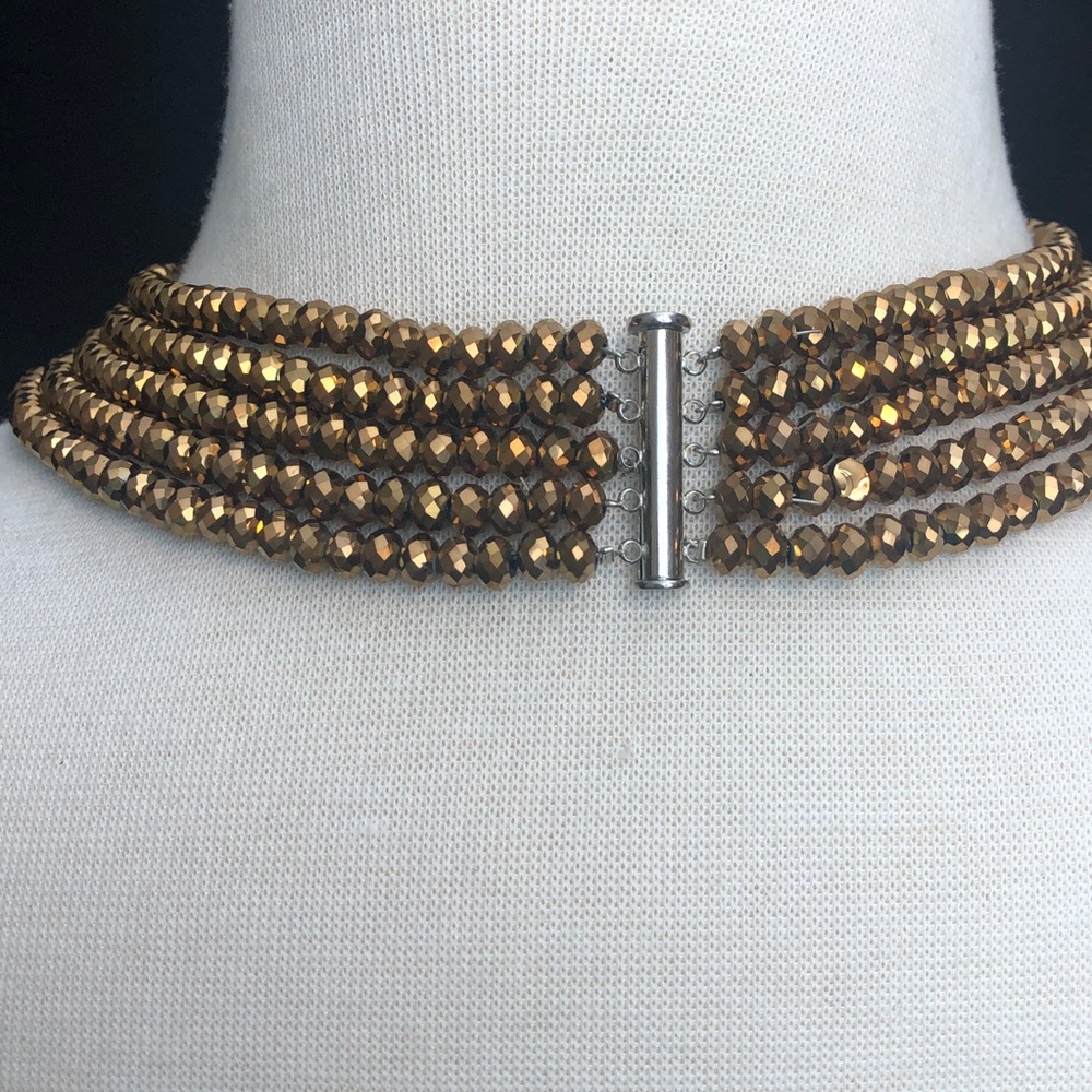 Brown Glass 5 Row Layered Bead Statement Necklace Dangle Earrings Set - Picture 4 of 5